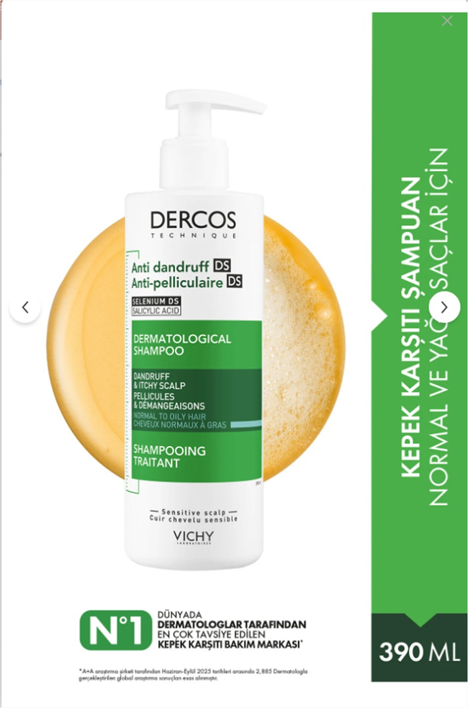 Vichy Dercos Anti Dandruff Normal ve Yağlı Saçlar İçin Kepek Karşıtı Şampuan 390 ml